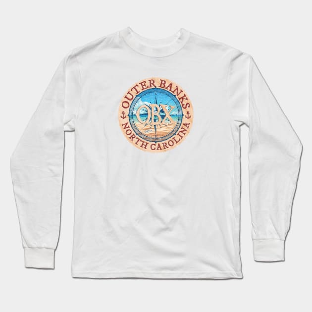 Outer Banks (OBX), North Carolina, with Beach and Wind Rose Long Sleeve T-Shirt by jcombs